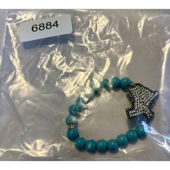 Turquoise Beaded Stretch Bracelet With Rhinestone Texas State Pendant - Picture 7 of 7